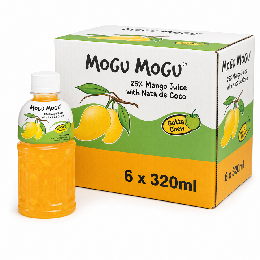 Mogu Mogu Mango 320ml Box featuring a bottle and box of mango juice with nata de coco.