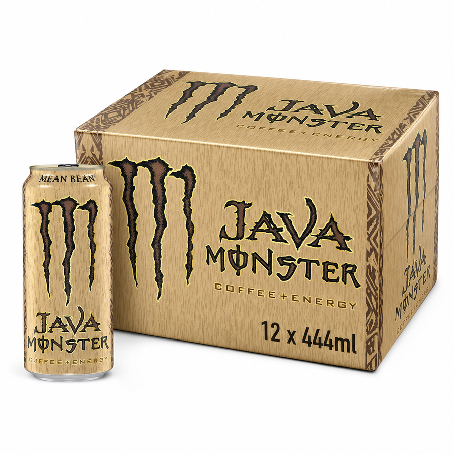Monster Coffee Energy 444ml Java Mean Bean Box with can and packaging, perfect for coffee lovers.