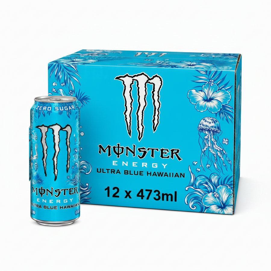 Monster Energy Zero Sugar 473ml Ultra Blue Hawaiian Box with can and packaging design, featuring tropical elements and vibrant colors.