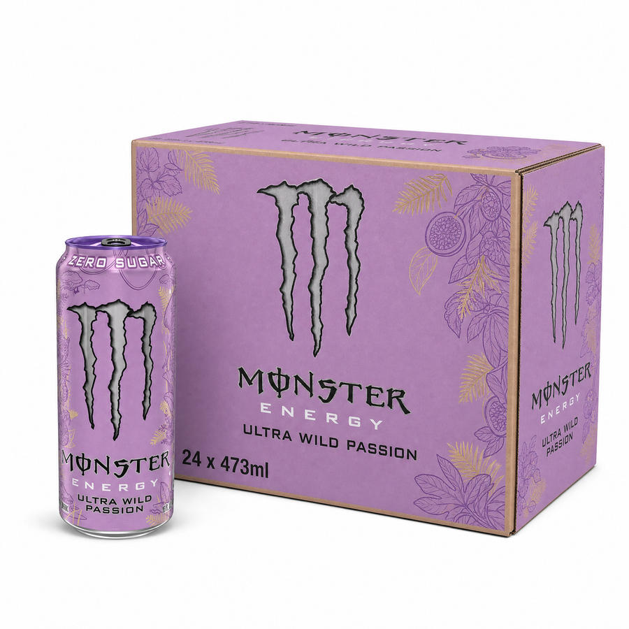 Monster Energy Zero Sugar 473ml Ultra Wild Passion Box with can, featuring vibrant packaging and bold flavors.