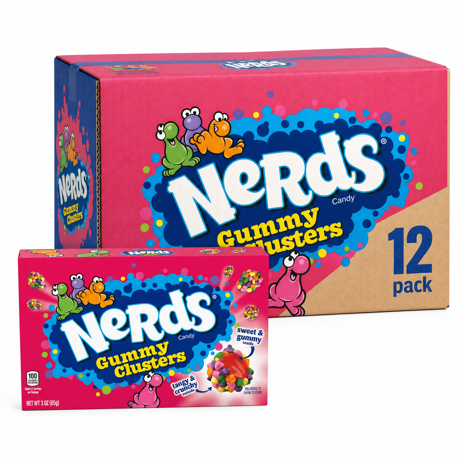 Nerds Gummy Clusters Theatre Box and 12 pack of chewy, tangy candies perfect for sharing.