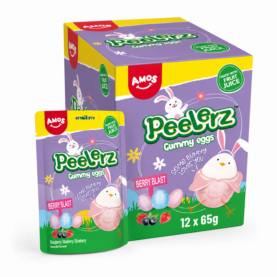Peelerz Gummy Eggs 65g Box and Berry Blast packaging featuring colorful, fun gummy sweets for gifting and Easter.