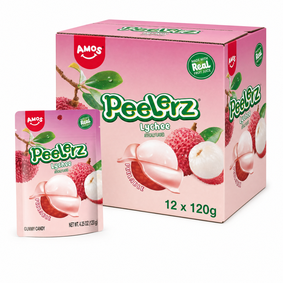 Peelerz Gummy Lychee 120g Box featuring gummy sweets and lychee fruit design.
