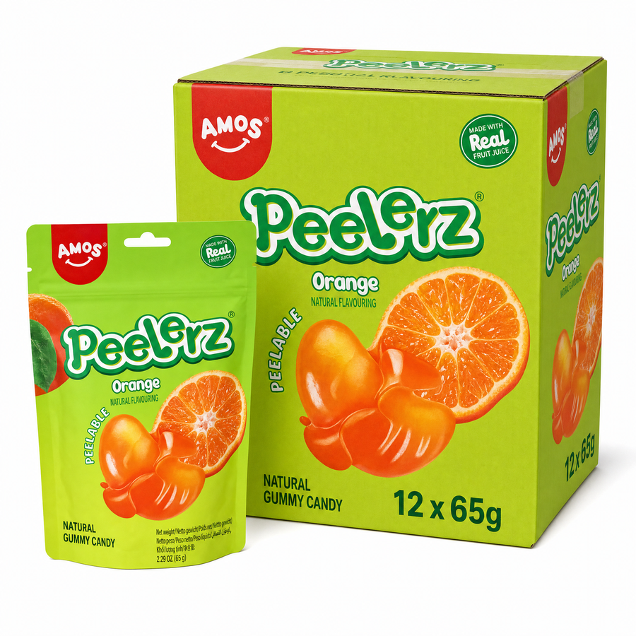 Peelerz Gummy Orange 65g Box featuring peelable orange gummy sweets in a vibrant green package.
