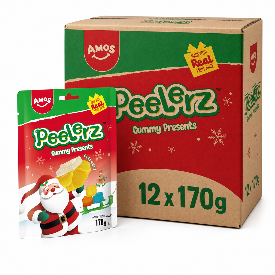 Peelerz Gummy Presents 170g Box packaging with Santa design and assorted flavours for festive gifting.