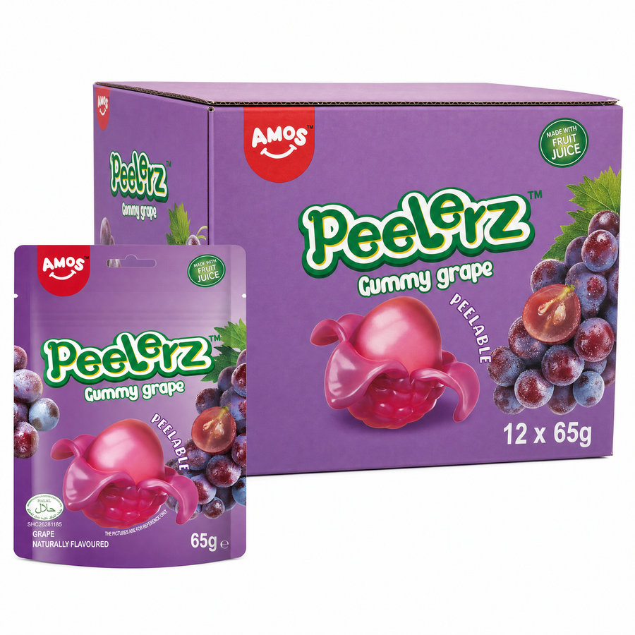 Peelerz (Halal) Grape 65g Box featuring gummy grape sweets in peelable packaging.