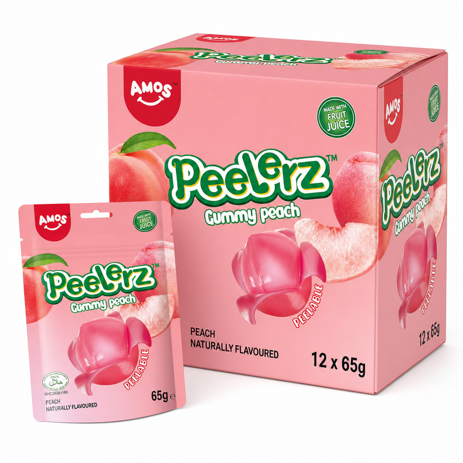 Peelerz (Halal) Peach 65g Box with packaging shows peach-flavored gummy sweets in a peelable format.