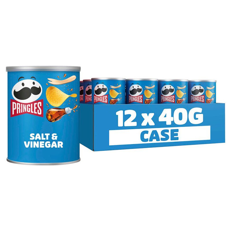 Pringles Salt & Vinegar 40g Box featuring a case of 12 cans, perfect for sharing and snacking.