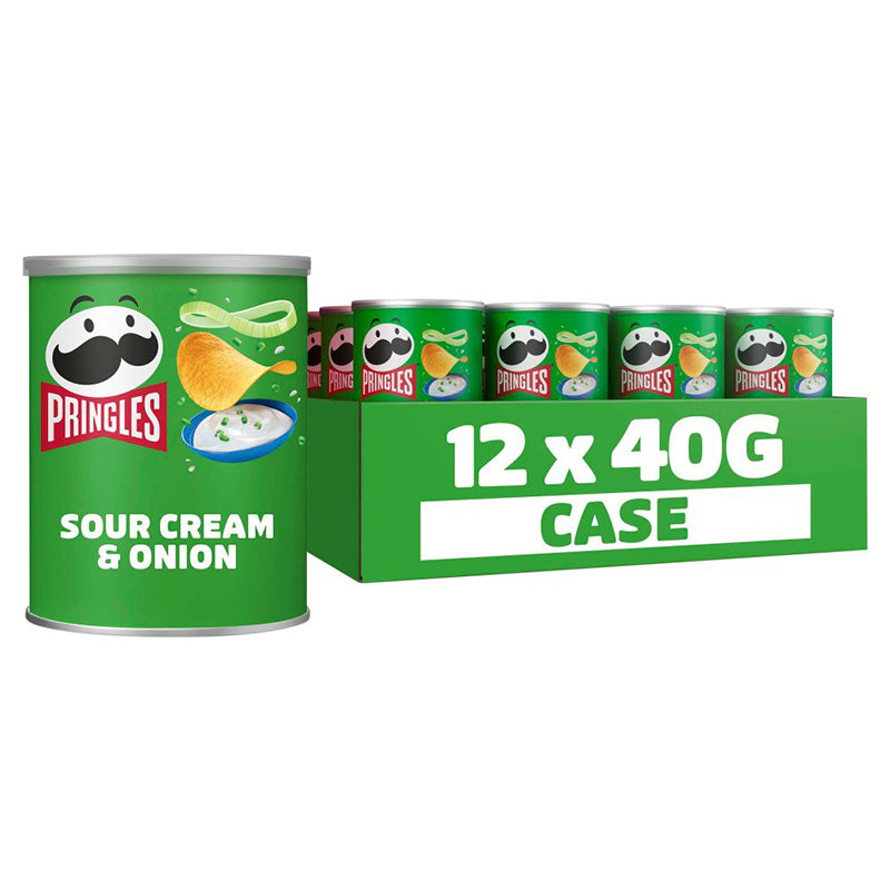 Pringles Sour Cream And Onion 40g Box featuring a case of 12 cans with a green design.