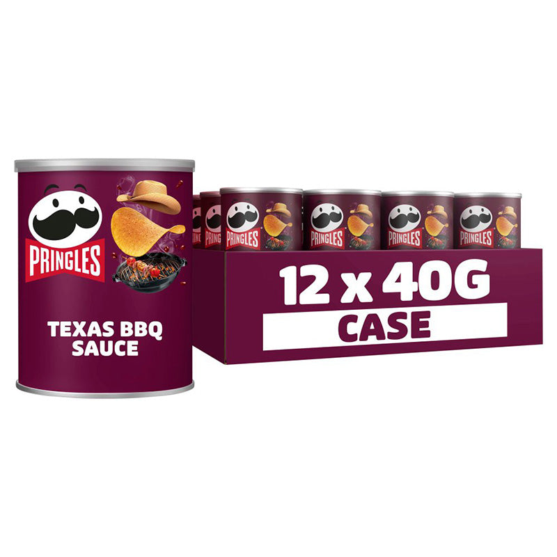 Pringles Texas BBQ 40g Box showcasing a case with 12 cans, perfect for BBQ flavor lovers.