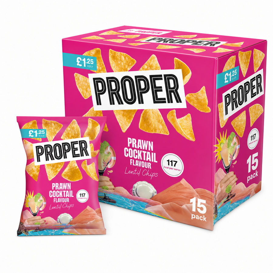 Proper Lentil Chips Prawn Cocktail Box displayed with single pack and box of lentil chips.