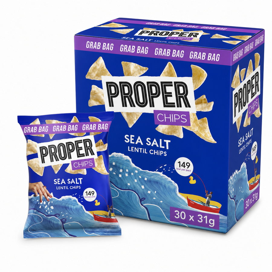 Proper Sea Salt Lentil Chips 31g Box with single-serve pack, featuring a colorful design and sea-themed graphics.