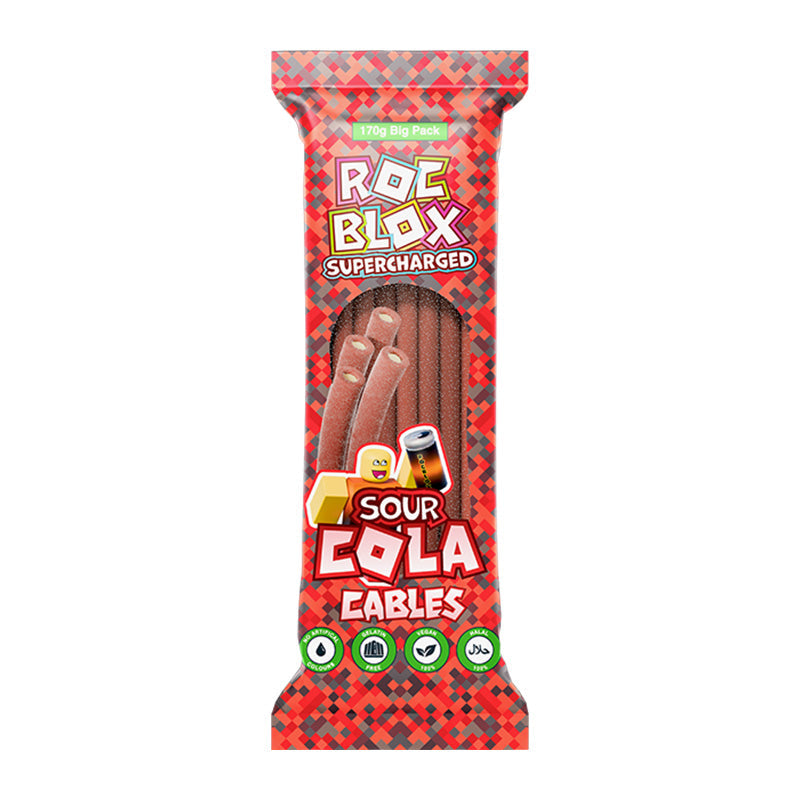 Roc Blox Supercharged Sour Cables 170g Cola Box packaging with chewy sour cola gummies inside.