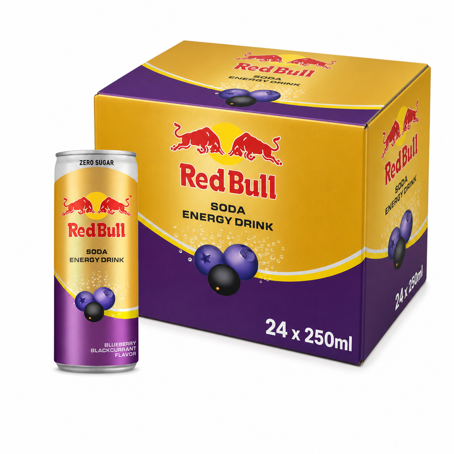 Red Bull (Thai) 250ml Blueberry Blackcurrant (Zero Sugar) Box with can next to it.