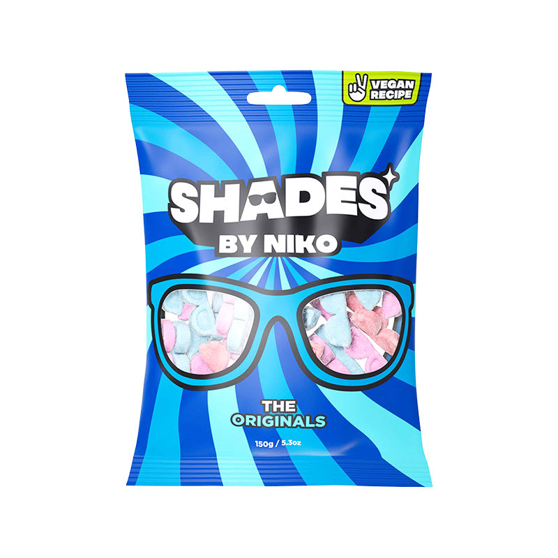Shades by Niko The Originals colorful chewy candy packaging with fruity flavors and vegan recipe label.