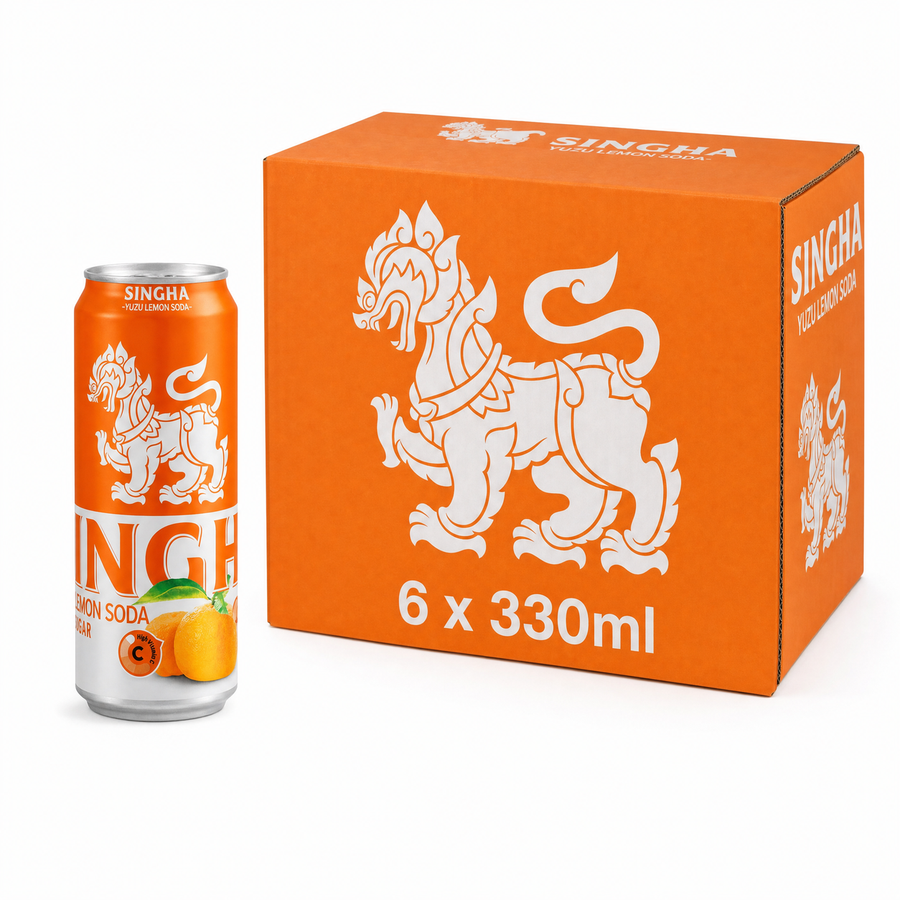 Singha Soda Water 330ml Yuzu Box featuring a can and packaging with traditional design.