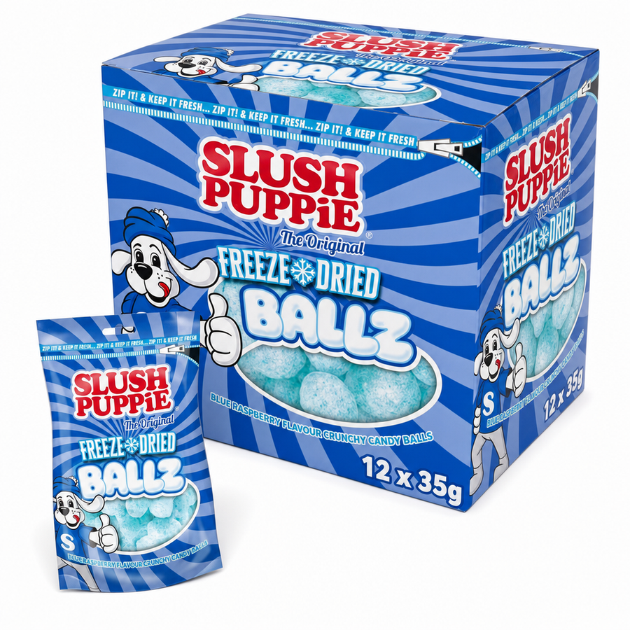 Slush Puppie Freeze Dried Balls 35g Bag Box featuring blue raspberry flavored crunchy candy balls.
