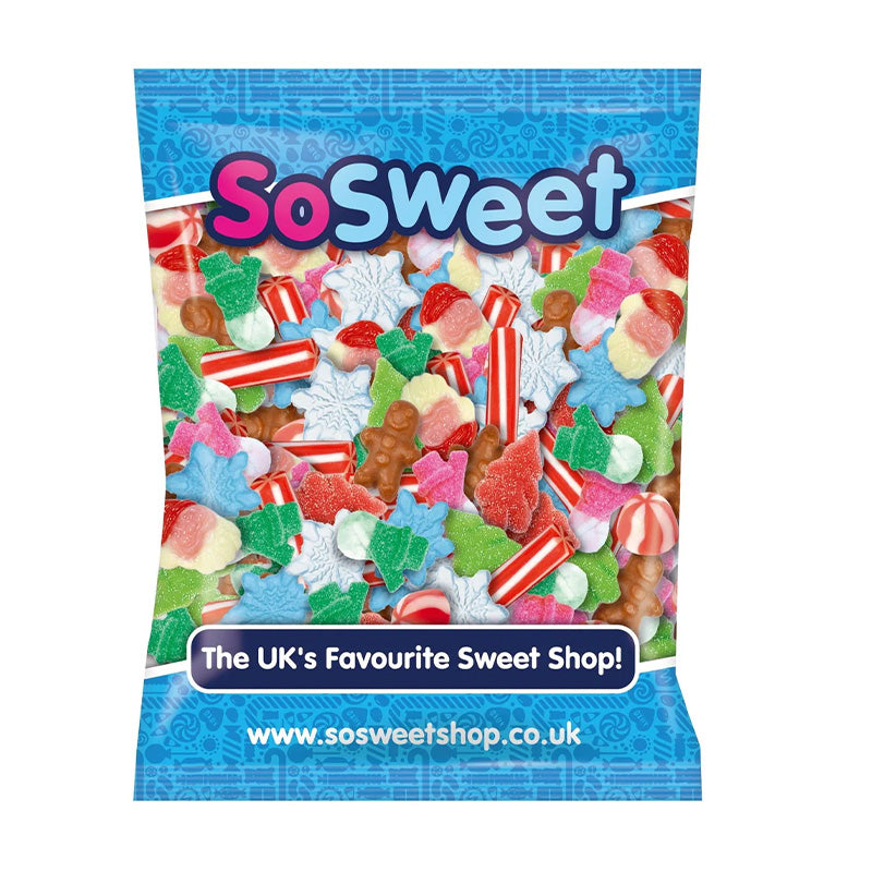 SoSweet Christmas Sweet Mix 1kg bag filled with colorful, festive gummy sweets in various Christmas shapes.