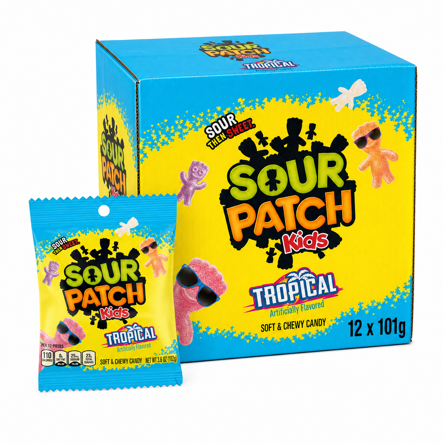 Sour Patch Kids Tropical Peg Bag 101g Box with assorted tropical candy flavors, presented in a colorful packaging.
