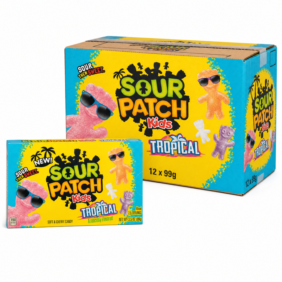 Sour Patch Kids Tropical Theatre Box 99g Box displayed with cinema-style packaging and colorful candy.