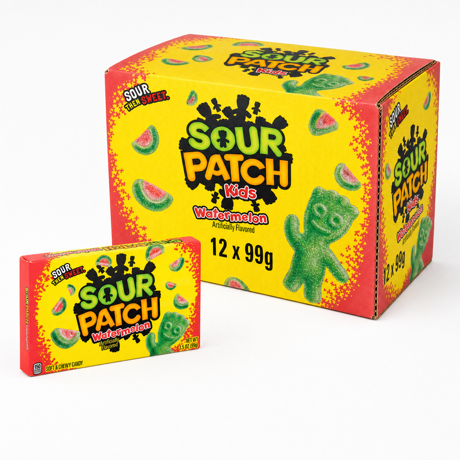 Sour Patch Kids Watermelon Theatre Box 99g Box, vibrant packaging with gummy candy, 12 x 99g size for sharing.
