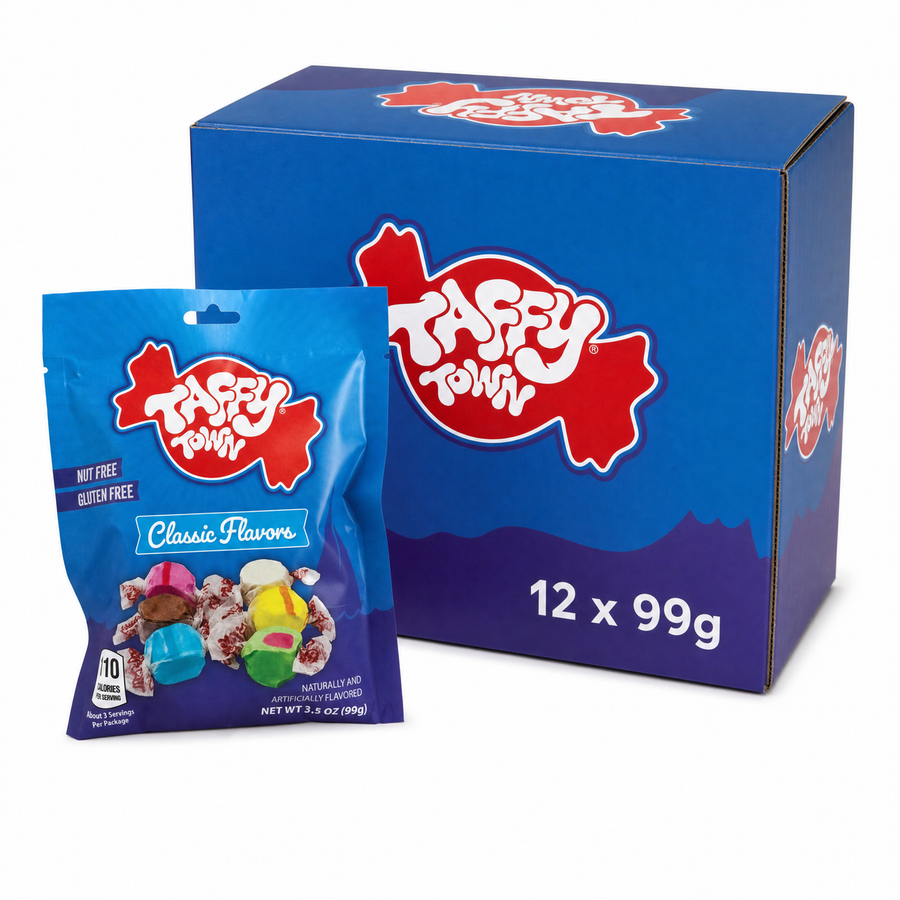 Taffy Town Peg Bag 99g Taffy Town Classic Flavours Box packaging with assorted taffy candies.