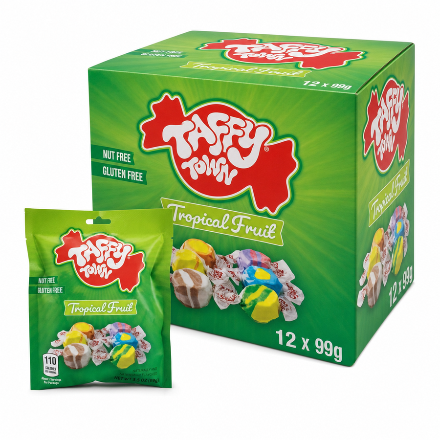 Taffy Town Peg Bag 99g Tropical Fruit Box featuring nut-free and gluten-free taffy in a vibrant tropical fruit theme.