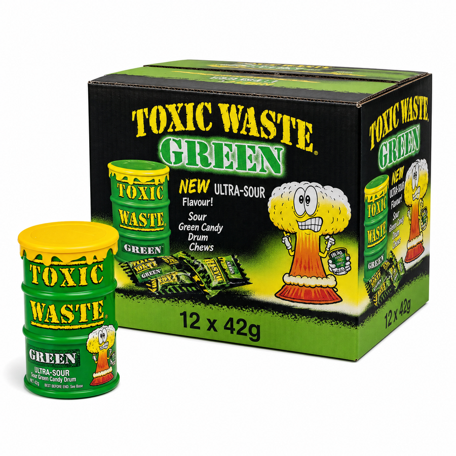Toxic Waste Green Drum 42g Box - Ultra-sour green candy in a vibrant drum format.