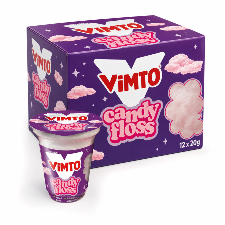 Vimto Candy Floss 20g Box with container and packaging, showcasing classic British flavored candy.