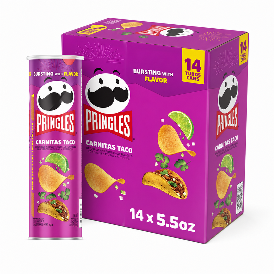 Pringles Carnitas Taco 5.5oz Box featuring a pack of 14 tubes with vibrant taco-themed graphics.