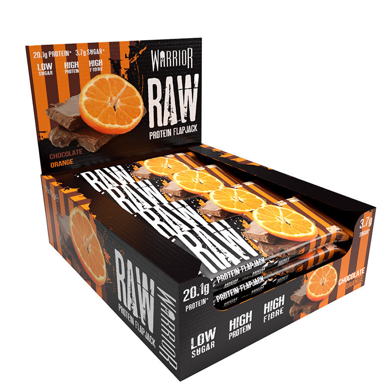 Warrior Raw Protein Flapjack Chocolate Orange Halal 64g Box packaging with orange slices in background.