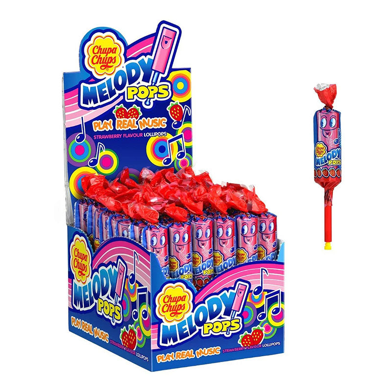 Chupa Chups Melody Pops Box display featuring strawberry flavour lollipops with built-in whistles for musical fun.