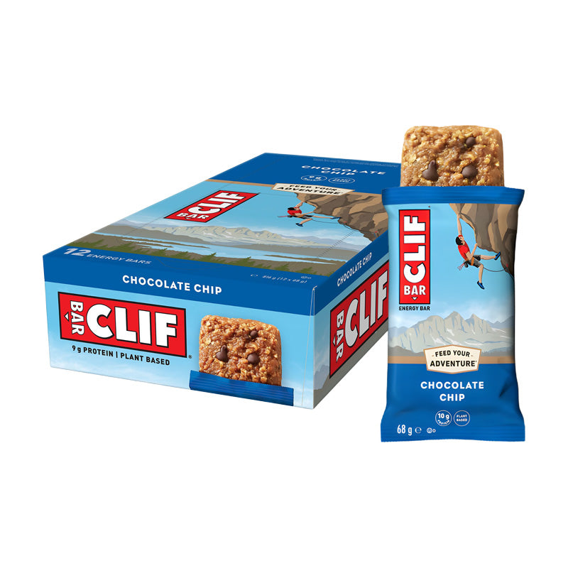 Clif Bar Chocolate Chip 69g Energy Bar Box featuring organic ingredients and real chocolate chips.