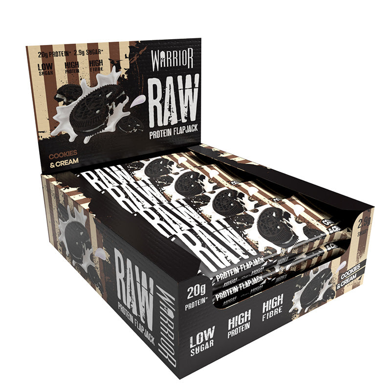Warrior Raw Protein Flapjack Cookies and Cream Halal 64g Box packaging with flapjacks displayed.