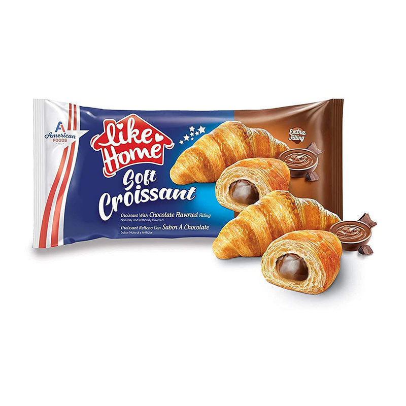 Like Home Croissant Chocolate 40g Halal Box with chocolate-filled soft croissants on a blue packaging.