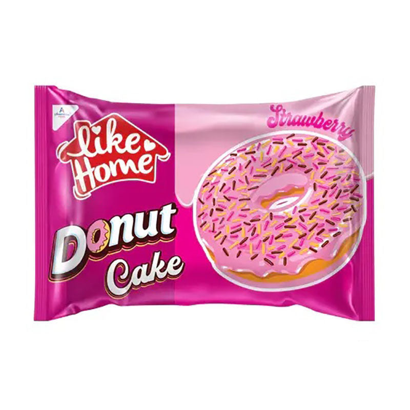 Like Home Donut Cake Strawberry 40g Halal Box packaging featuring a pink donut cake with sprinkles.