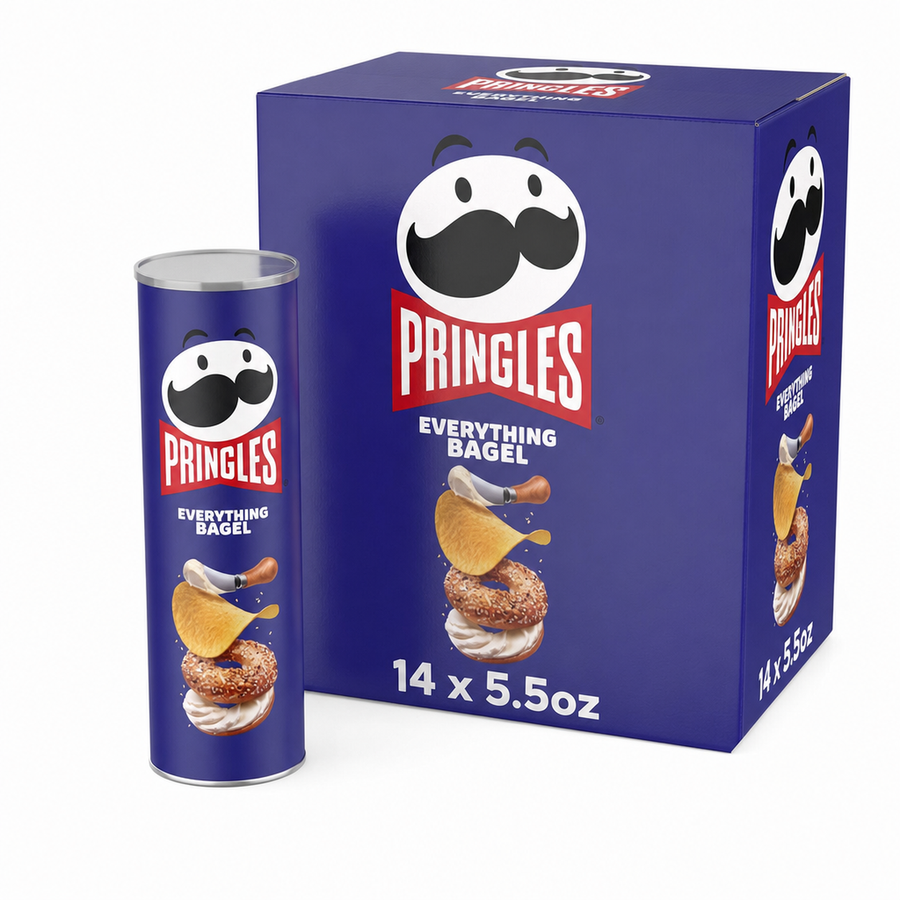Pringles Everything Bagel 5.5oz Box with canister and packaging showcasing everything bagel flavor.