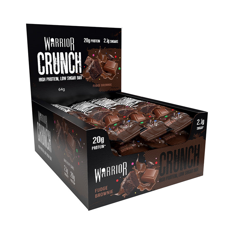 Warrior Crunch Fudge Brownie Halal 64g Box with high protein and low sugar, showcasing the delicious fudge brownie bars.