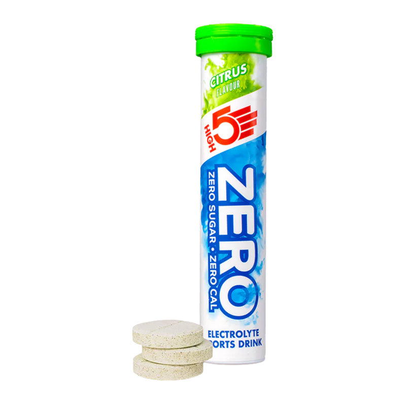 High 5 Zero Active Hydration Citrus 20 Tablet Tube Box with tablets in front on a white background.
