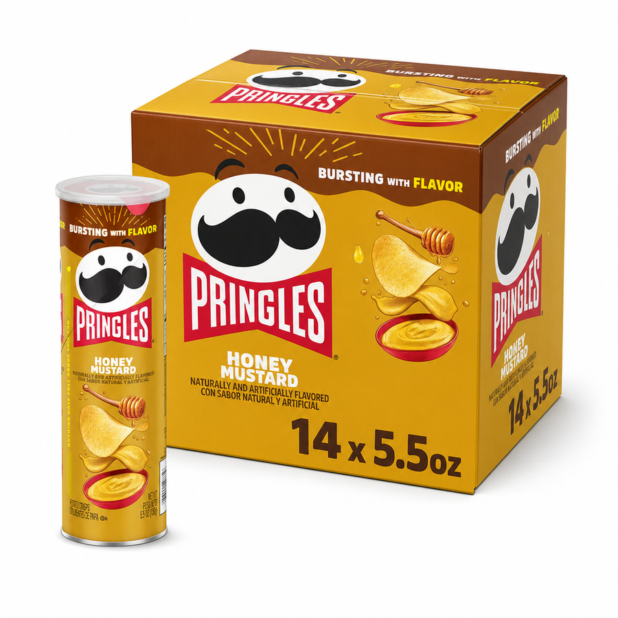 Pringles Honey Mustard 5.5oz Box featuring a tube and box with vibrant honey mustard graphics.