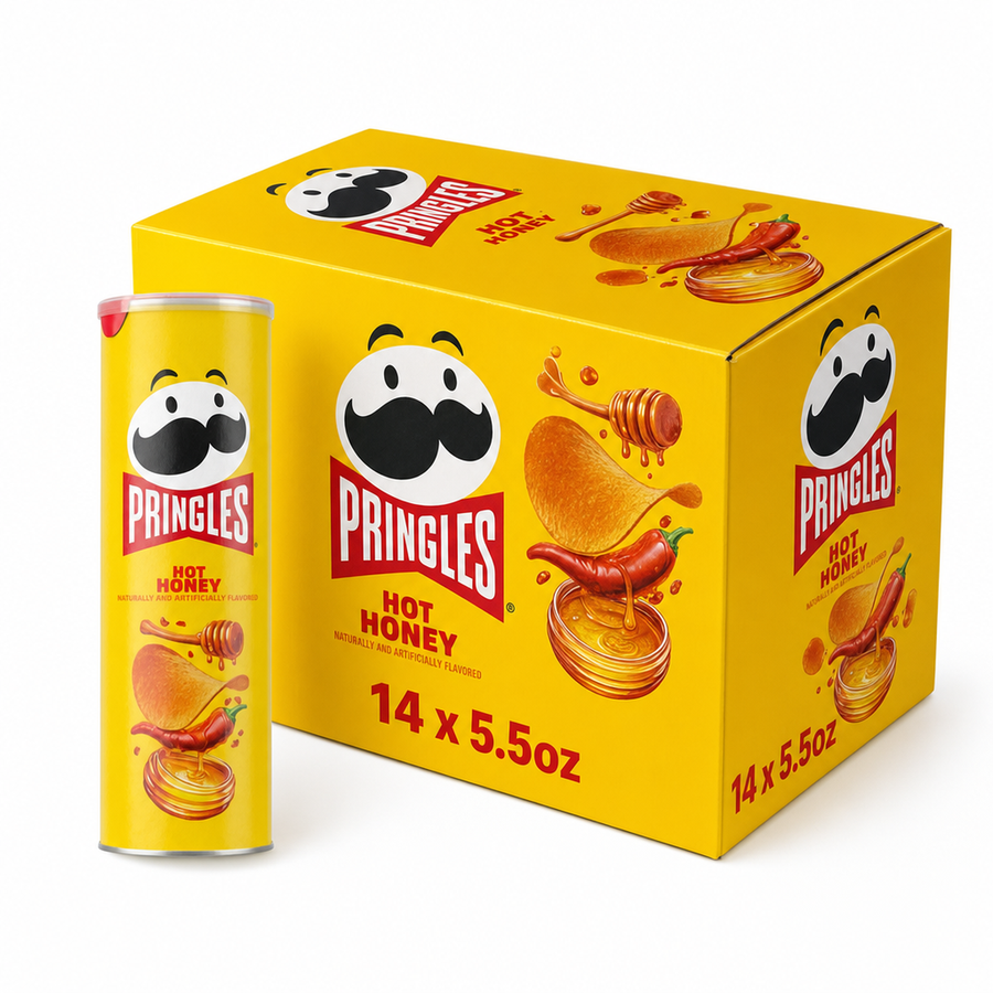 Pringles Hot Honey 5.5oz Box showcasing the crunchy chip and sweet heat flavor in a vibrant packaging.