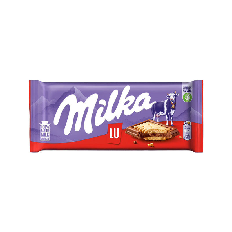 Milka Chocolate LU bar featuring smooth Alpine milk chocolate and crunchy LU biscuit pieces.
