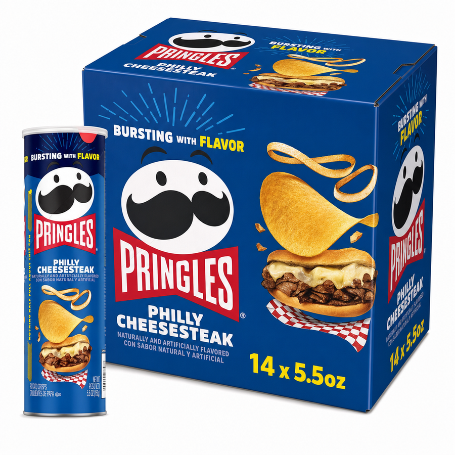 Pringles Philly Cheesesteak 5.5oz Box featuring stackable chips and bold flavors of cheesesteak.