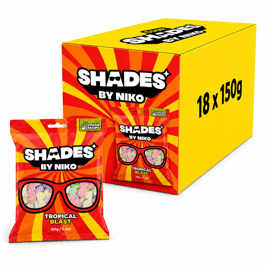 Shades by Niko Tropical Blast Box with vibrant candy packaging and bold colors showcasing tropical fruit flavors.