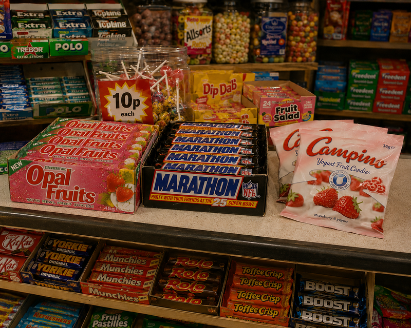 Assorted chocolate and snacks on a 90s store shelf including discontinued Opal Fruits, Marathon and Campino.