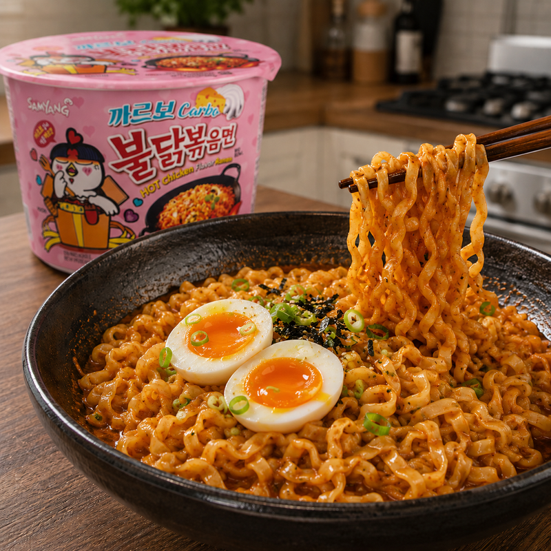 A steaming bowl of glossy carbonara noodles lifted with chopsticks beside a pack of Samyang Buldak Carbonara on a kitchen counter.
