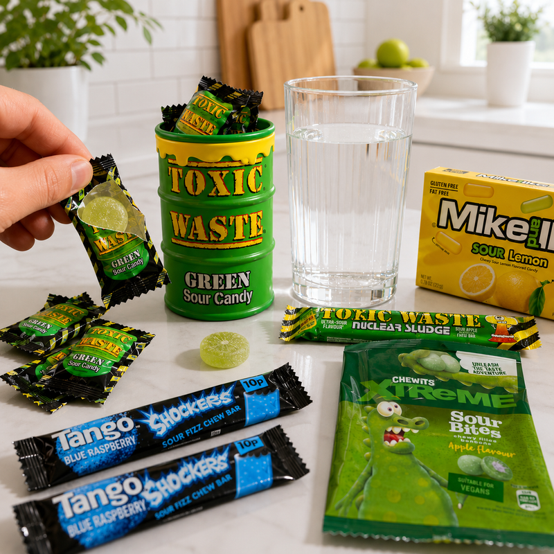 Assorted sour sweets including Toxic Waste and Mike and Ike on a kitchen counter along with a glass of water.