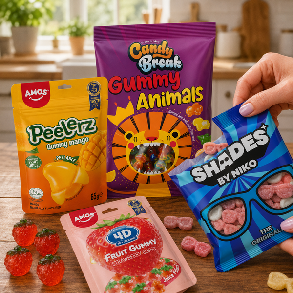 Packages of Candy Break, Peelerz and Shades arranged together on a kitchen table with a hand holding an open pack of Shades.