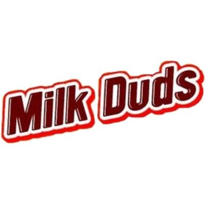 Milk Duds logo featuring the iconic name in bold red and white lettering.