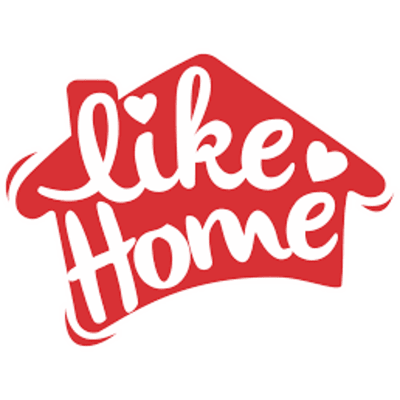 Like Home logo featuring a house shape and playful lettering in red and white.